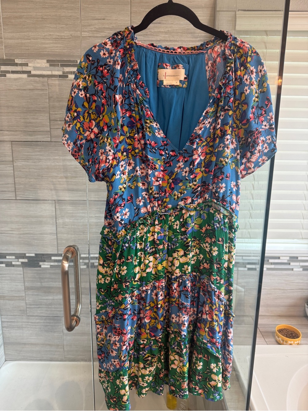 Anthropologie Blue, Green & Pink Floral Tiered V-Neck Midi Dress